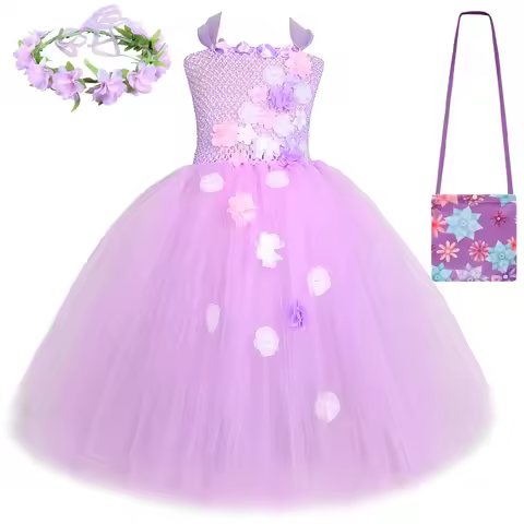 Encanto Isabella Long Dresses for Girls Christmas Carnival Costumes Kids Lavender Flowers Fairy Ball