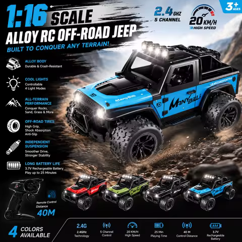 1:16 Alloy RC Off-road Jeep Car 2.4GHz 5CH 20KM/h High Speed Remote Control Car LED Light 4WD Off-Ro