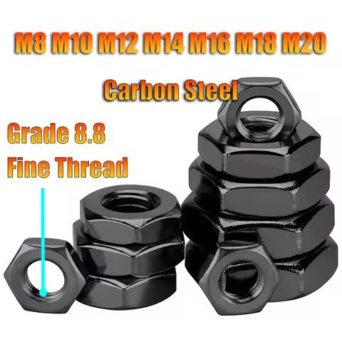 Black Grade 8 Carbon Steel Fine Tooth Thin Nuts M8 M10 M12 M14 M16 M18 M20 Fine Thread Pitch Hex Nut