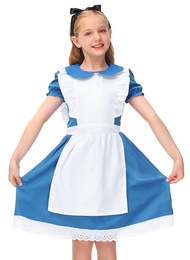 Girls Halloween Ruffle Trim Tie Waist Blue Dress with White Apron 4-14 Years