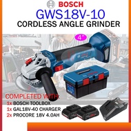 BOSCH GWS18V-10 CORDLESS ANGLE GRINDER  BRUSHLESS MOTOR C/W TOOL BOX + 2x 4.0AH PROCORE 18V BATTERY 