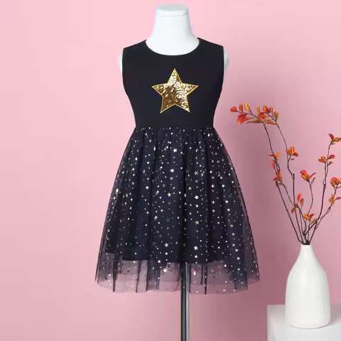 Girl's Star Sequin Sleeveless Summer Children's Black Sparkling Fashion Elegant Birthday Party Dress