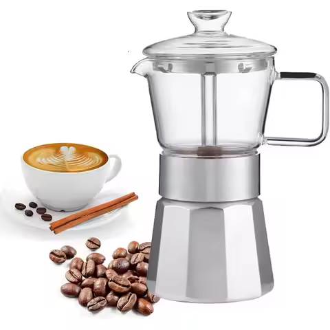Household Moka Coffee Pot Portable Glass-Top Stovetop Espresso Machine Classic Aluminum Espresso Mok