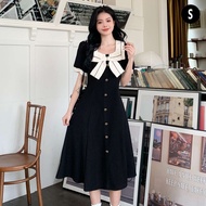 French Style Bow Dress Female Niche Design Sense A-line Dress Square Neck Short Sleeved Dress