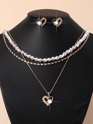 Conjunto de 5 piezas de collar y pendientes elegantes de corazón de rhinestone para mujer, adecuado para pedidas de mano, compromisos y regalar a amigas.