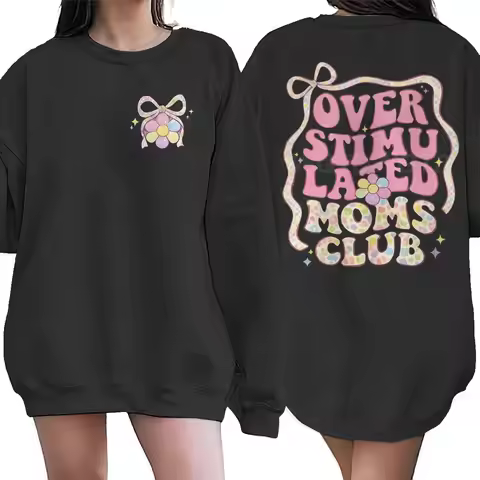 Retro Y2K "Overstimulated Moms Club" Sweatshirt Pink Polka Dot & Bow Print Tops Pullovers Casual Cre