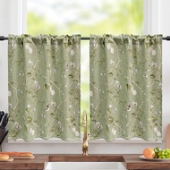 Cottage Green Branch Birds Printed Short Curtain Retro Countryside Kitchen Valance Cafe Curtain Topper for Small Window Rod Pocket Linen Textured Blackout Drapes for Farmhouse