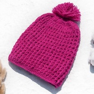 手織純羊毛帽/針織毛帽/內刷毛手織毛帽/手工針織毛線帽 -桃紅色