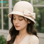 JSJJINGP Bow Topper Hat, Flat-top Solid Color Women Fisherman Hat, Elegant Black Keep Warm French St
