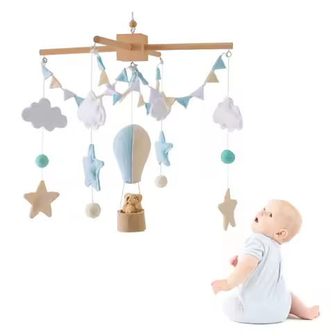 Baby Crib Mobile Wooden Bed Bell Rattle Toys Soft Felt Hot Air Balloon Wind Chime Pendant Kid Stroll
