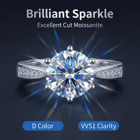 New D VVS1 Moissanite 0.5-2ct 925 Sterling Silver Ring for Women 6 Claw Jewelry Shining Classic Imit