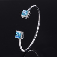 OEVAS 100 925 Sterling Silver 7*7mm Aquamarine Yellow Pink High Carbon Diamond Resizable Bracelet Fo