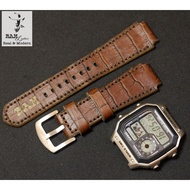 (With A Free Key + Strap + Pin) CASIO AE1200 / SEIKO5 Genuine Cow Leather Watch Strap 1928 Cowhide Stamped With Crocodile Pattern.