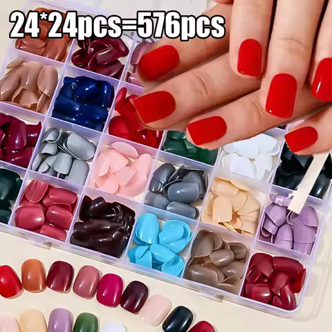96/576Pcs Square Round/Almond Short Fake Nails Colorful Press On Nail False Nails Tip Boxed Oval Cap