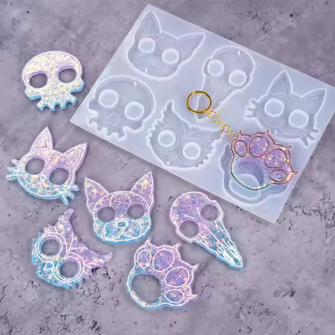 6 IN 1 Epoxy Ring Set Keychain Silicone Molds For Craft key ring resin Mold Cat Claw Defense Skull c