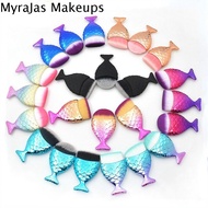 MYRAJAS 3Pcs/Set รูปร่างนางเงือก แปรงแต่งหน้าทรงนางเงือก สีสันสดใส หางปลาหางยาว แปรงปัดแก้มทาแป้ง แฟ