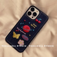 ins Denim Embroidery Planet Phone Case สำหรับ iphone14Promax เวอร์ชั่นเกาหลีกรณีโทรศัพท์แฟชั่นสำหรับ iphone13 Love จี้กรณีโทรศัพท์สำหรับ iphone11Promax