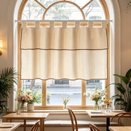 Retro Natural Beige Semi Sheer Door Short Curtain With Brown Trims Tab Top Farmhouse Deisgn Boho Kit