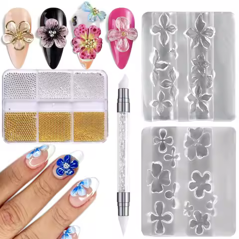 Silicone Nail Art Mold Set, 4-Piece 3D Floral Design, Includes Carving Pen, Silver Color Beads, Resi