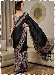 Women's Black Crepe Ajrak Printed Ready To Wear one Minute Saree With Unstitched Blouse Piece (RTWMO