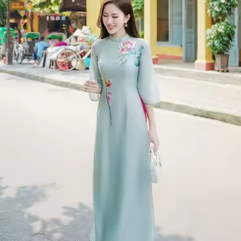 Women Aodai Vetnam Clothing Long Cheongsam Aodai Vietnamese Traditionally Dress Two-piece Wide-leg P
