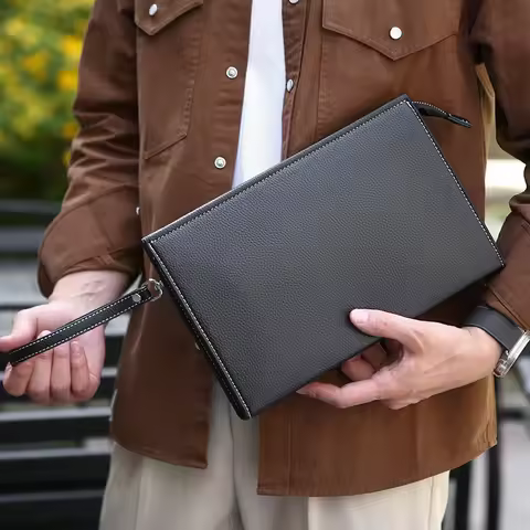 Men's solid color PU leather large capacity envelope hand-held bag storage wallet Clutch sacoche hom