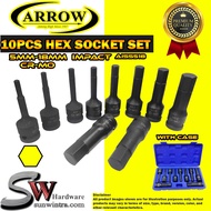 Arrow 10Pcs 78mm Impact 1/2" Hex Wrench Socket Bit Cr-Mo Impact Hex Key Socket Set #AISS518