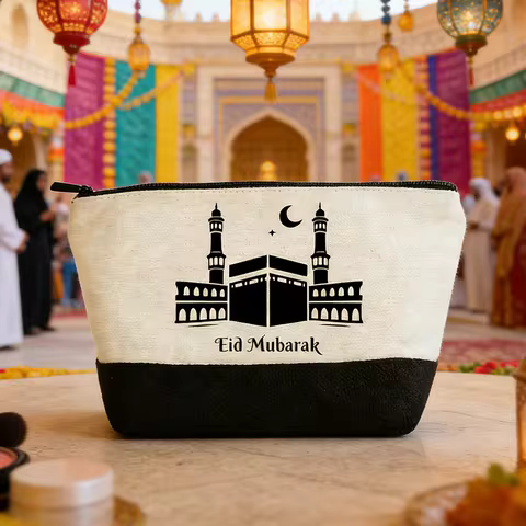 Eid Mubarak Canvas Cosmetic Bag Ramadan Decorations Muslim Holiday Gift for Her Eid Al-Adha Supplies