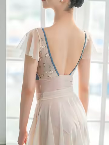 Ballet Leotards for Women's Lotus Sleeve Wear Round Collar Gymnastics Ballerinas Aerial Yoga Dance L