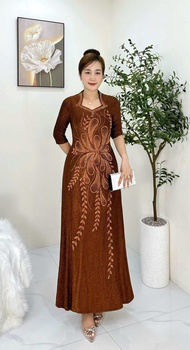 Đầm Đi Tiệc [Salu Store] Mã DN669 Dáng Đầm Maxi Cổ Nữ Hoàng Chất Thun Nhũ Đính Đá DMC 2 lớp Cao Cấp 