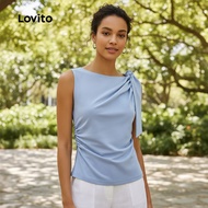 Lovito Women's Elegant Asymmetrical Pleated Plain T-Shirt L129ED565