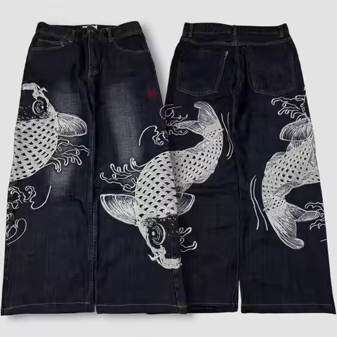 Fashion New Unisex Loose Fit Wide Leg Jeans Japanese Koi Fish Printed Classic Washed Denim Hip Hop R
