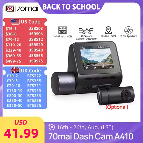 New 70mai Dash Cam A410 1440P 2.5K Image F1.55 Dual-Channel Supported GPS Night Vision 24H Parking U