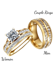 1入組時尚白色方形鑽石女戒指套裝,時尚不鏽鋼男戒指訂婚結婚戒指最佳禮物,魅力情侶戒指的珠寶配件