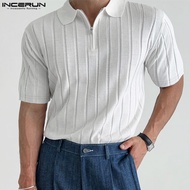 [Clearance Sale] INCERUN Men Casual Shirts Lapel Short Sleeve Zipper Knitted Solid Color Polo Shirt 