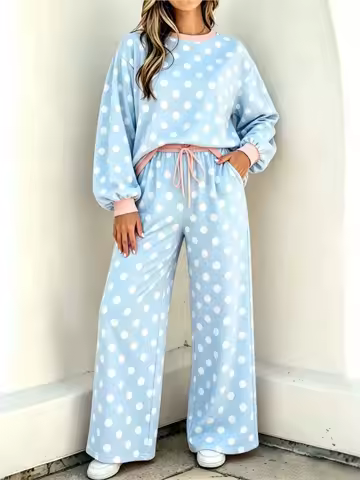 Women Polka Dot 2 Piece Set Long Sleeve O-Neck Sweatshirt Drawstring Wide Leg Pants Casual Loose Lou