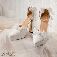 Nghe Art wedding shoes with crystal flowers and bow heel 13 cm 496-481