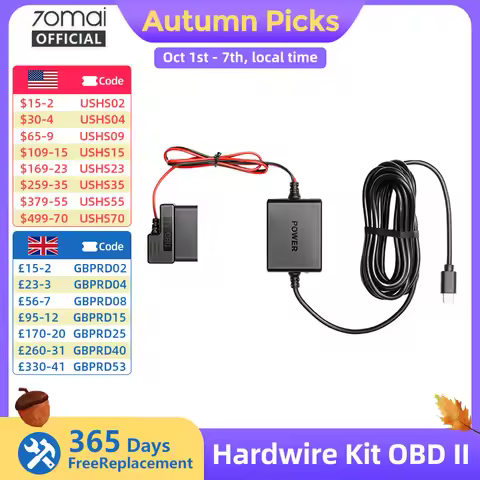 70mai Adjustable Hardwire Kit OBD II Type-C Interface Plug & Play 70mai OBD Kit 24H Parking Surveill
