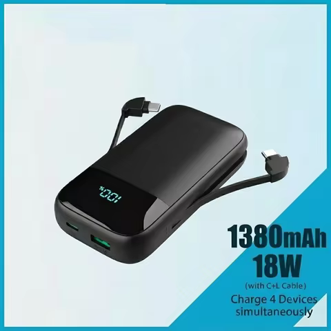 13800mAh Power Bank Built-in Cables 18W PD Fast Charging Portable Charger LCD Digital Display 4 Outp
