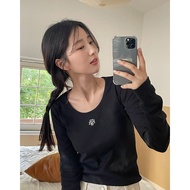 Muahmuah Official Agent|Stitching U-Neck Long Sleeve T-Shirt|Embroidered Pit Pattern Top|Long Sleeve