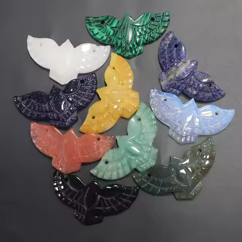 Retro natural semi-precious stone crystal agate lapis lazuli sculpture crave eagle bird wing pendant