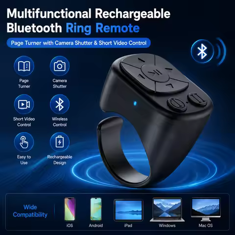 Multifunctional Rechargeable Bluetooth Ring Remote Page Turner Camera Shutter Short Video Control fo