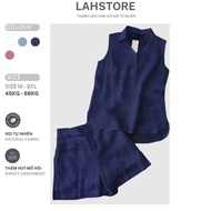 LAHSTORE women's linen shirt Sleeveless Shirt collar & Shorts wide leg elastic waist SET04 (Charcoal