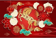 Renaiss 7x5ft Happy Chinese New Year Backdrop Year of The Horse Spring Festival Banner Gold Horse Lu