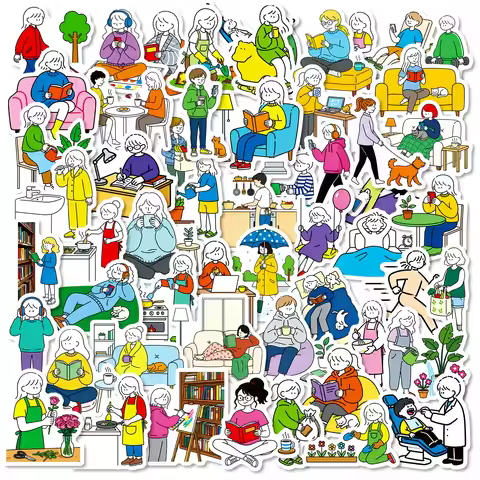 56/112 Pcs Minimalist Life Running Reading Theme Doodle Stickers for Storage Box Stationery Box Phon