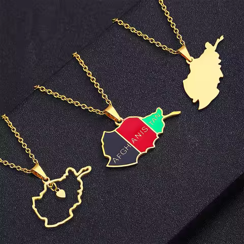 Stainless Steel Afghanistan Map Flag Pendant Necklaces for Afghan Men Women Gold/Steel Color Ethnic 