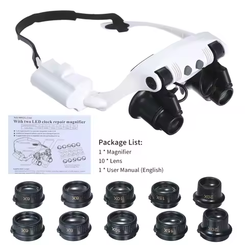 Glasses Magnifier With 2 LED Lights 6 Replaceable Lenses 6X 8X 10X 15X 20X 25X Magnifying Glass Illu