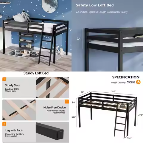 Twin Size Wood Loft Bed with Stairs for Adults, Kids, and Teens - No Box Spring Needed, Junior Low L