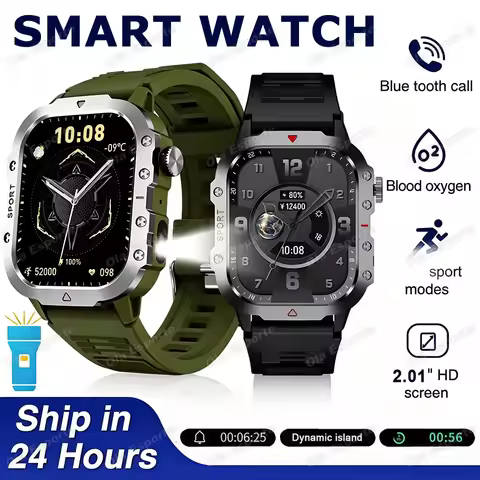 New Flashlight Smart Watch 2026 Military Men IP68 5ATM Outdoor Sports Waterproof Health Monitoring B