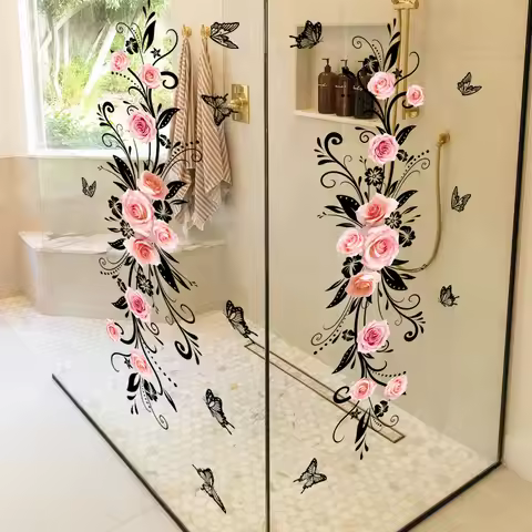 Pink Rose and Black Butterfly Glass Wall Sticker Cozy Living Room Bathroom Bedroom Double Sided Visi